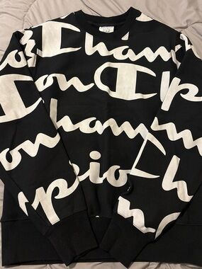 Champion Black Crewneck with Large White Script Logo